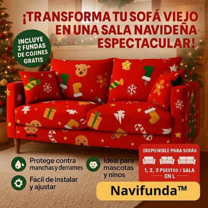 🎄FUNDA NAVIDEÑA PREMIUN ADAPTABLE PARA SOFA DE 2 Y 3 PUESTOS🎄+ 2 FORROS PARA COJIN DE OBSEQUIO