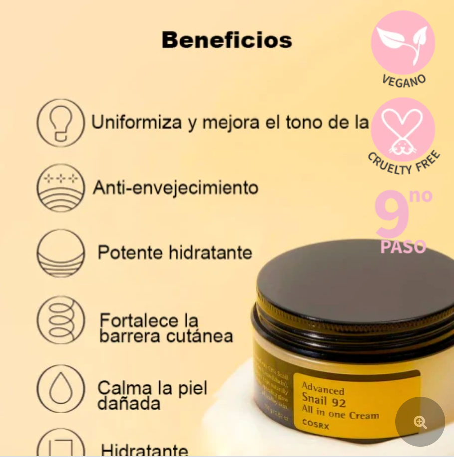 CREMA TODO EN UNO CON BABA DE CARACOL 92 AVANZADA COSRX - Crema hidratante con 92% de mucina de caracol (100 mg)