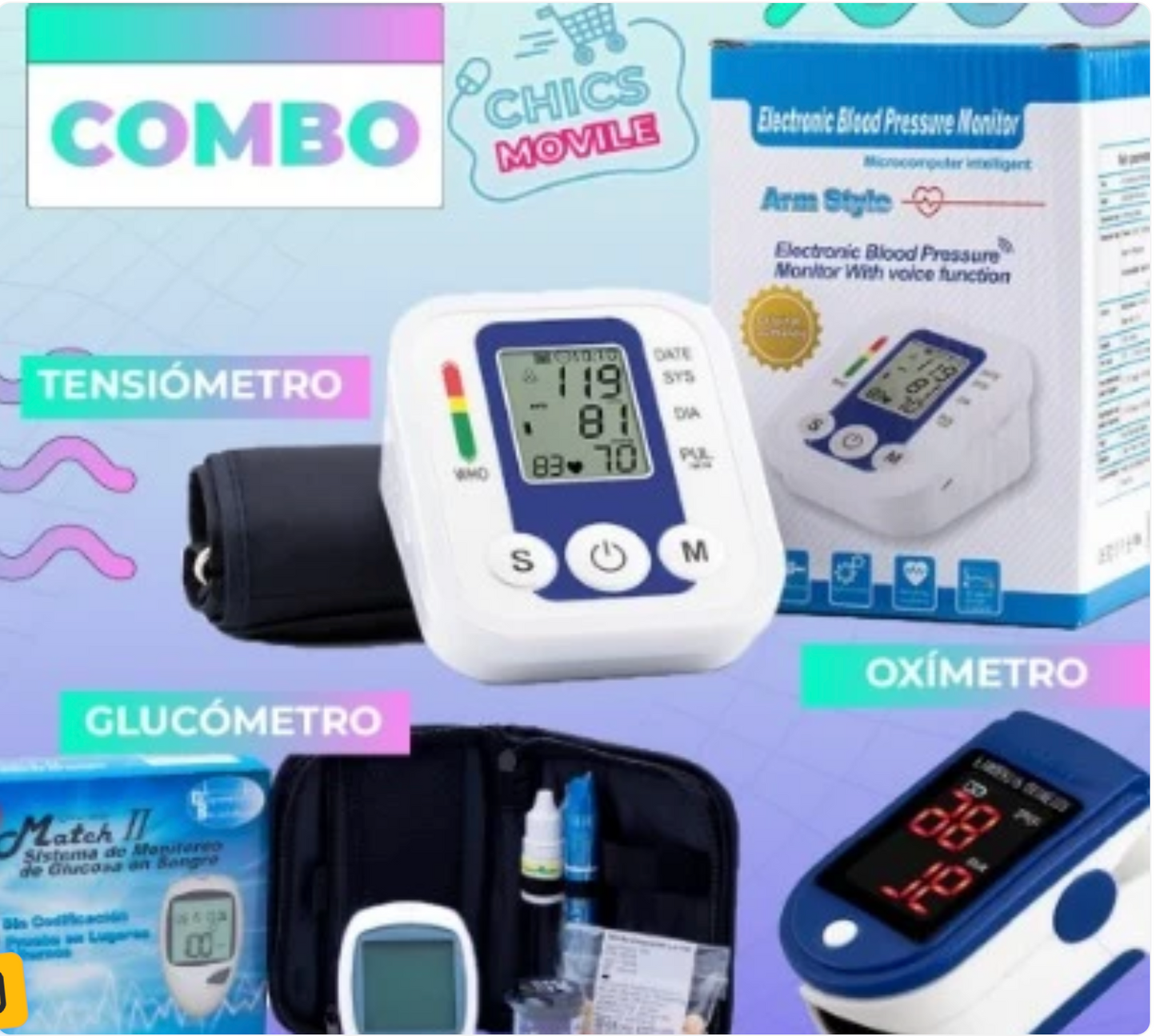 Tensiómetro Digital de Brazo + Oxímetro + Glucómetro