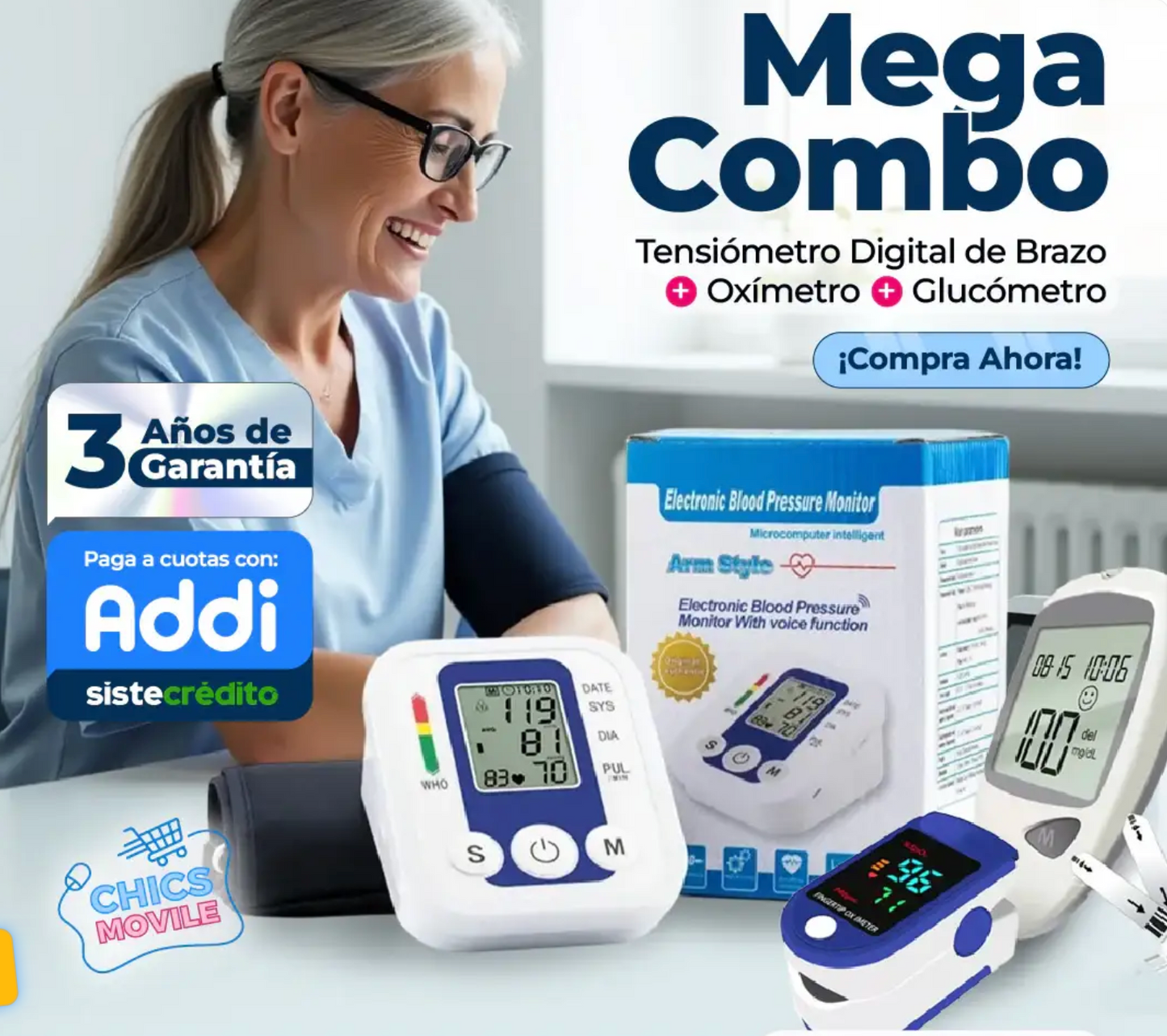 Tensiómetro Digital de Brazo + Oxímetro + Glucómetro