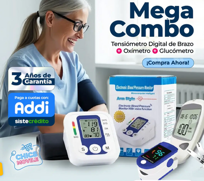 Tensiómetro Digital de Brazo + Oxímetro + Glucómetro