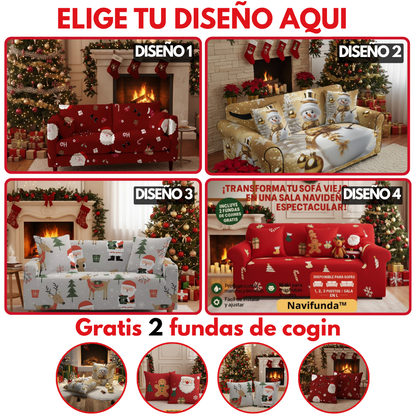 🎄FUNDA NAVIDEÑA PREMIUN ADAPTABLE PARA SOFA DE 2 Y 3 PUESTOS🎄+ 2 FORROS PARA COJIN DE OBSEQUIO